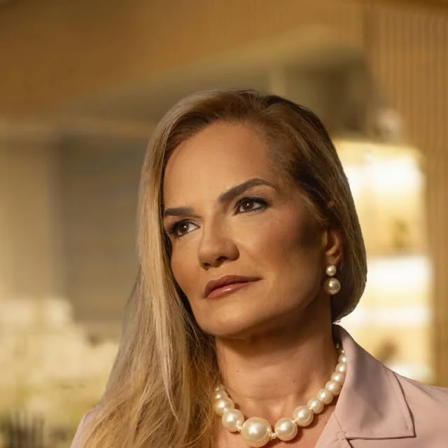 Dra. Juliana Franco, de blazer rosa e colar de pérolas, no consultório